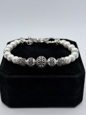 🥀GALATEA #012 Sterling Silver 925 -8mm Pearl Artisan Bracelet 8” -🥀heavy🥀